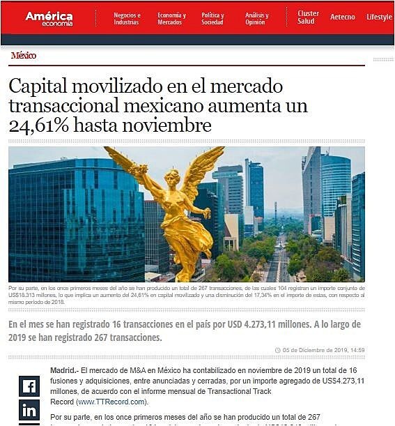 Capital movilizado en el mercado transaccional mexicano aumenta un 24,61% hasta noviembre